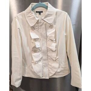 For Cynthia Jacket L Ivory Ruffle Coquette Zip Faux Leather Preppy Feminine Soft